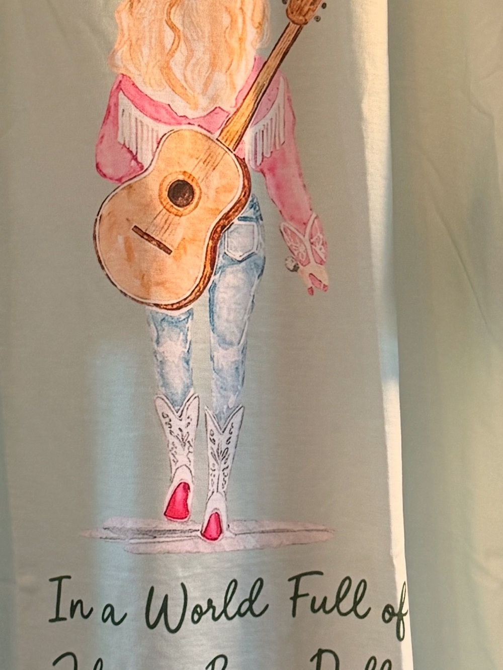 Women’s Dolly Parton  Light Blue Graphic Cowgirl Guitar Tee  Dolly Parton Shirt